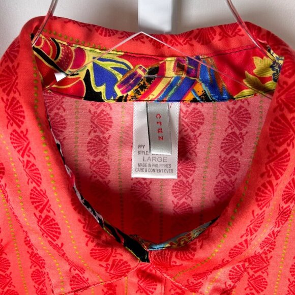 2/$30 Natori Cruz Large Striped Seashell Top Blouse Button Down Red Orange - Picture 3 of 5